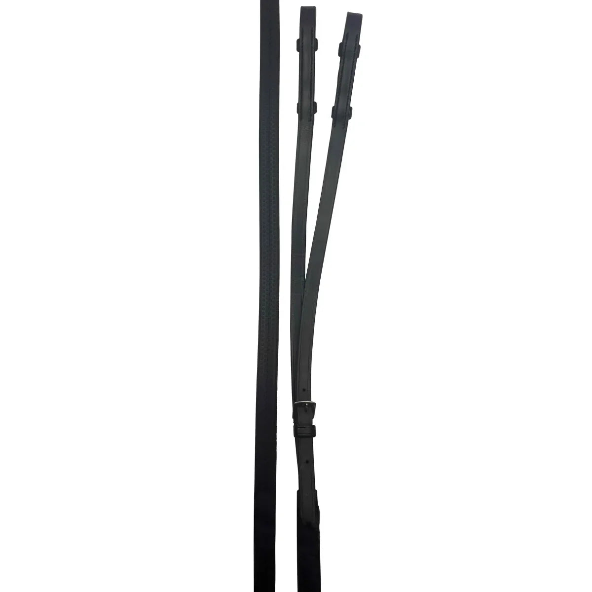 Black EcoRider Elasticated Side Reins featuring strong nylon webbing, integrated high-flex elastic inserts, and adjustable silver buckles.
