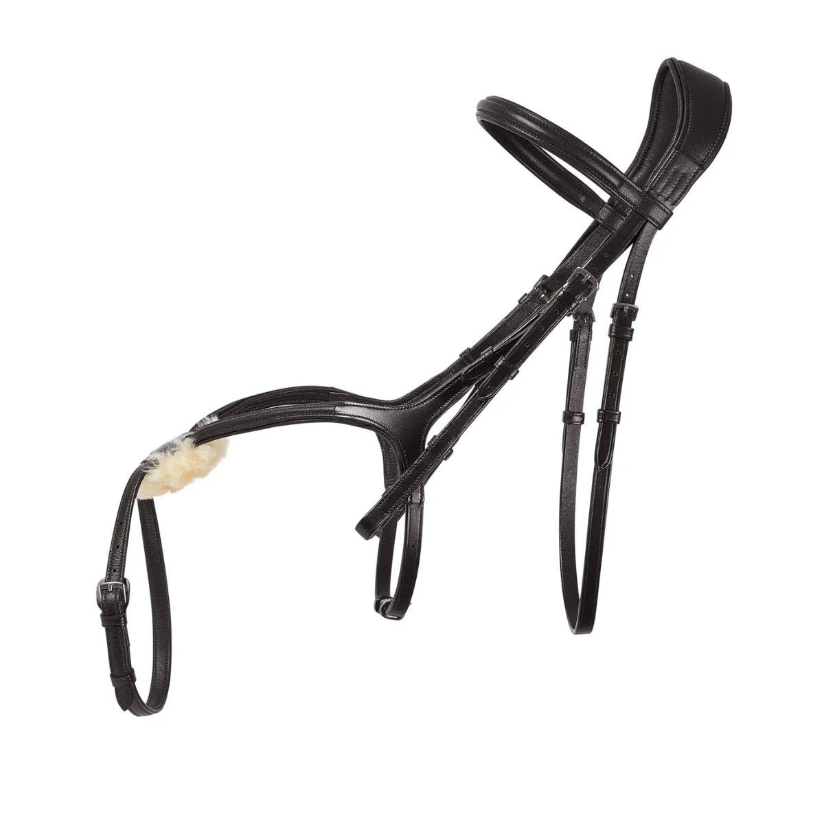 Brown EcoRider anatomical grackle bridle featuring an ergonomic padded headpiece, curved browband, and grackle noseband with sheepskin pad.