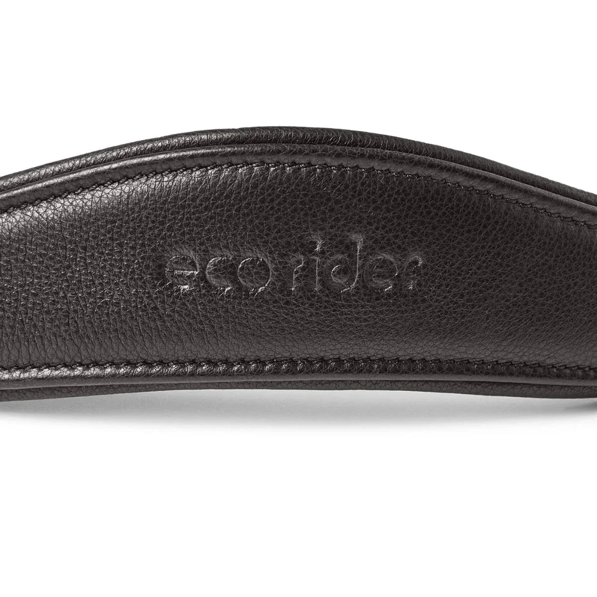 Close-up of the debossed EcoRider brand name on a black padded leather anatomical headpiece, showing detailed stitching.