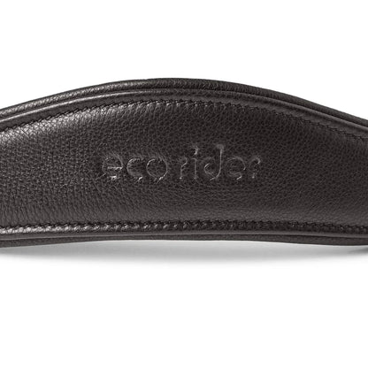 Close-up of the debossed EcoRider brand name on a black padded leather anatomical headpiece, showing detailed stitching.