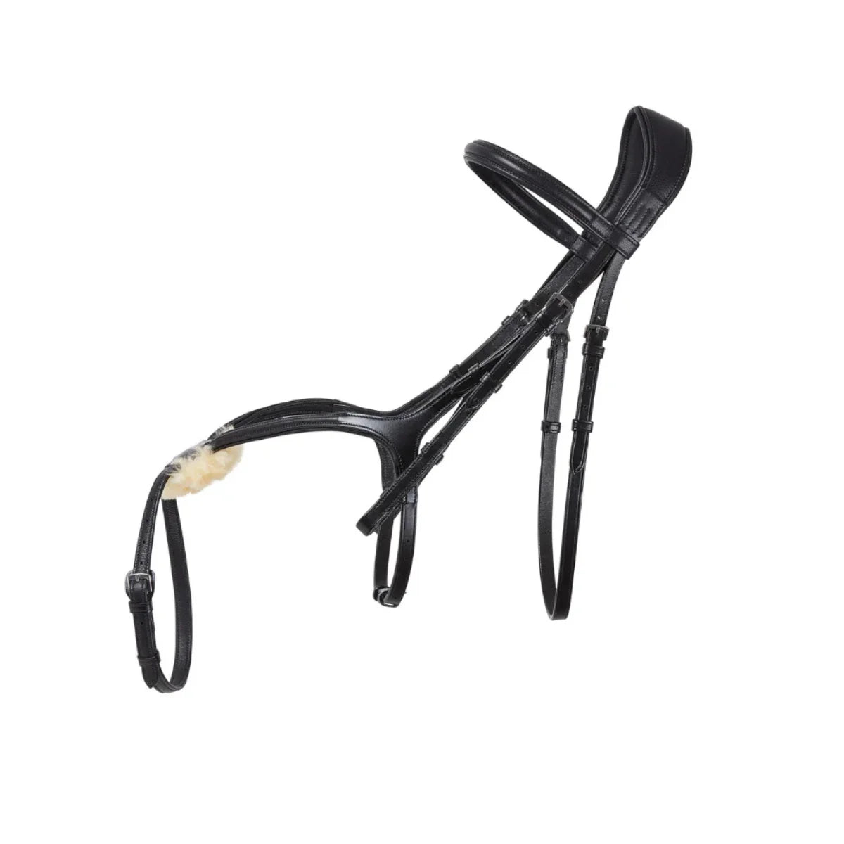 Black EcoRider anatomical grackle bridle featuring an ergonomic padded headpiece, curved browband, and grackle noseband with sheepskin pad.