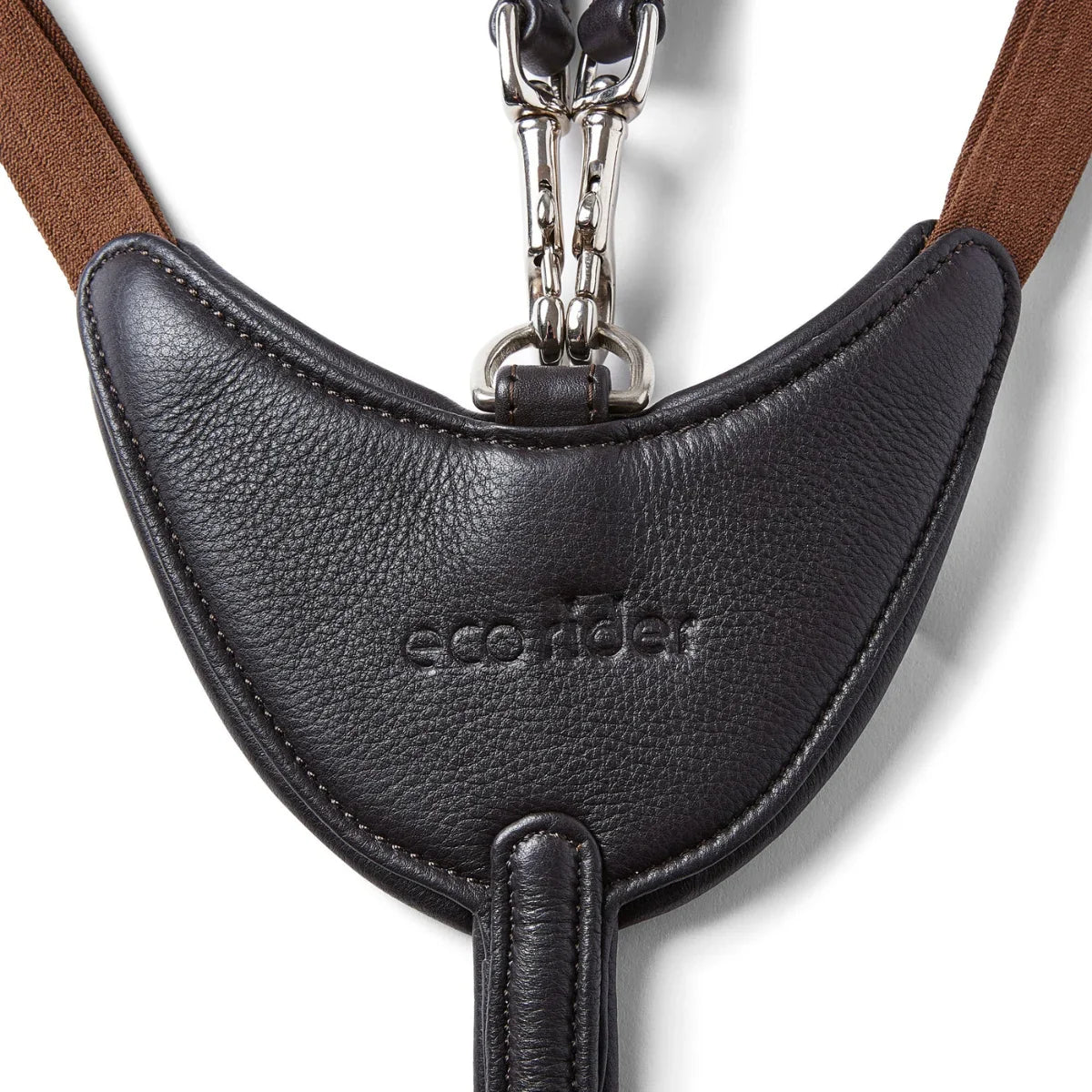 Close-up of the debossed EcoRider logo on the padded chest plate and brown elastic straps of the black Tara Breastplate.