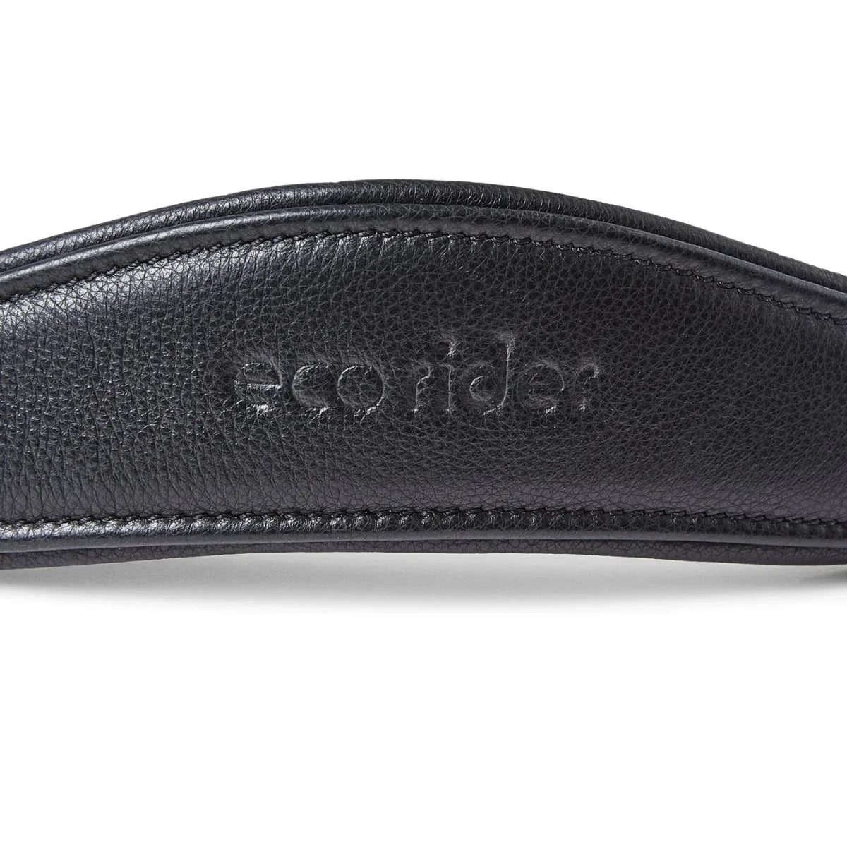 Close-up of the debossed EcoRider brand name on a black padded leather anatomical headpiece, showing detailed stitching.