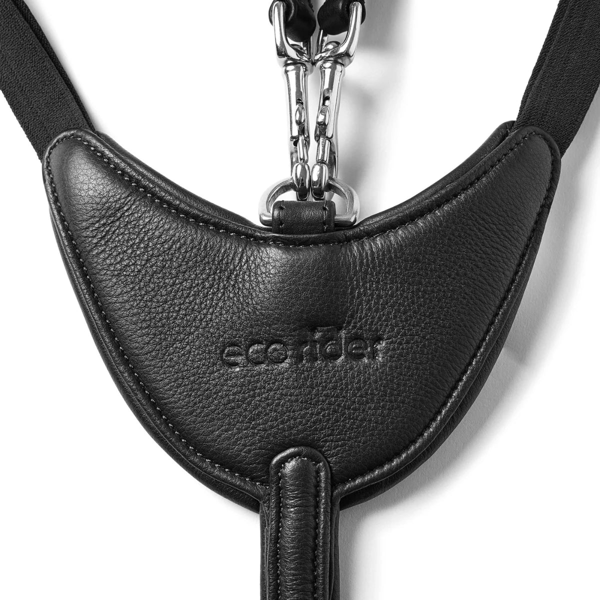 Close-up of the debossed EcoRider logo on the padded chest plate and stainless steel clips of the black Tara Breastplate.