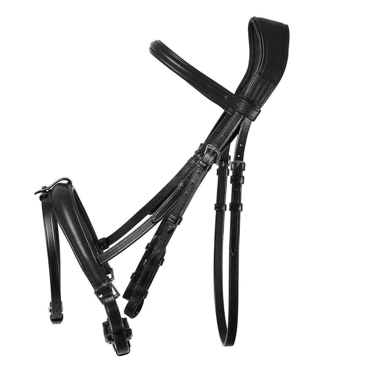 Black EcoRider SeamFree Anatomic Leather Bridle featuring a padded headpiece, curved browband, and padded noseband with removable flash.