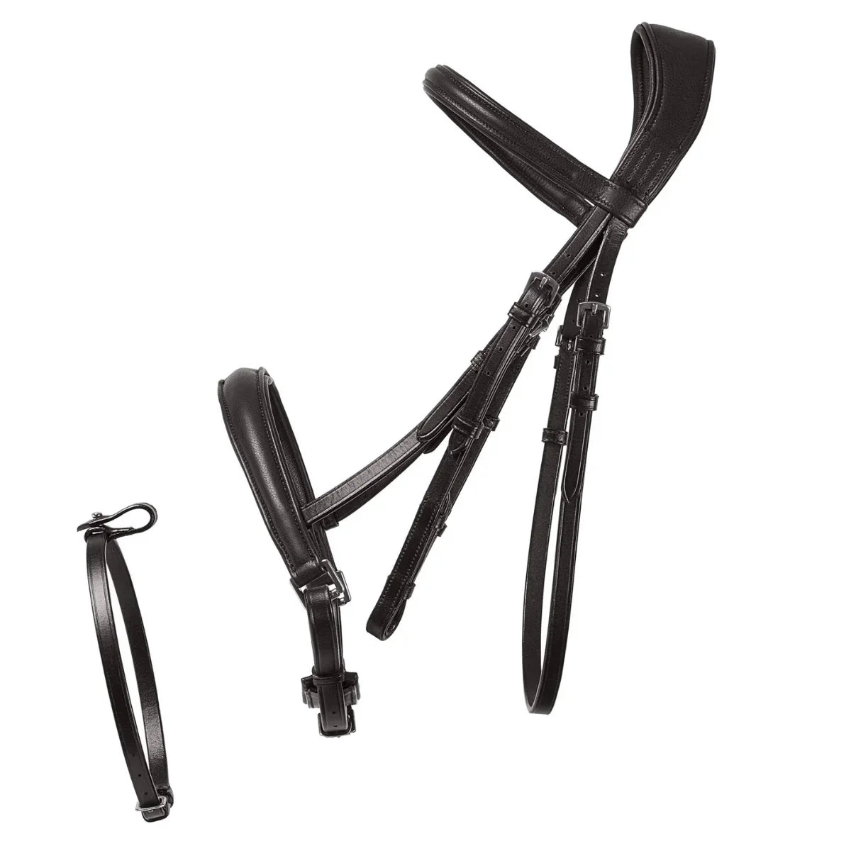 Brown EcoRider anatomic leather bridle separate set showing the detachable flash strap and padded cavesson noseband.