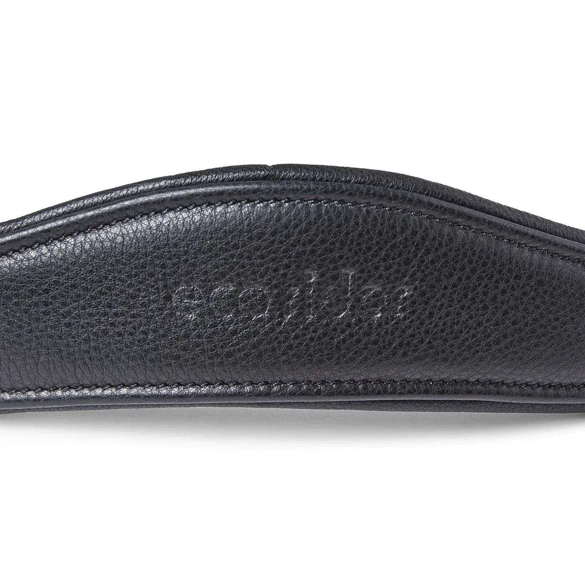 Close-up of the debossed EcoRider brand name on a black padded leather anatomical headpiece, showing detailed stitching.