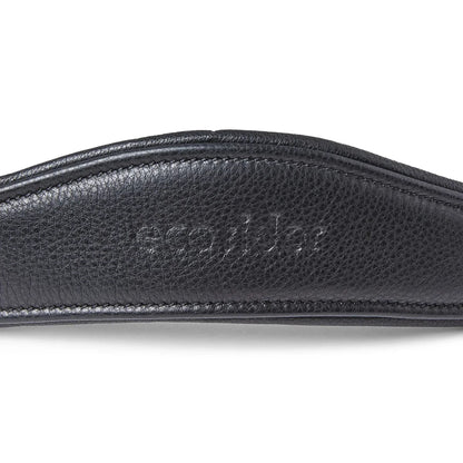 Close-up of the debossed EcoRider brand name on a black padded leather anatomical headpiece, showing detailed stitching.