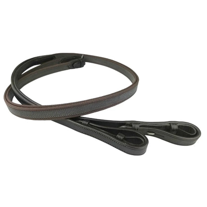 Coiled EcoRider Supergrip Reins featuring a part-webbing, part-woven rubber grip and black leather hook stud ends.