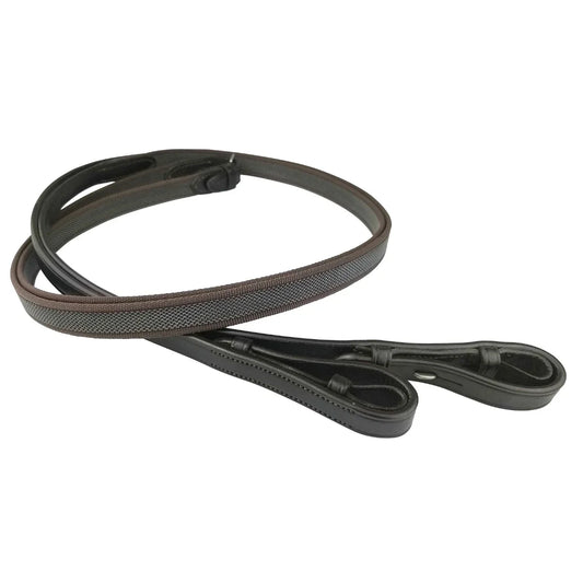 Coiled EcoRider Supergrip Reins featuring a part-webbing, part-woven rubber grip and black leather hook stud ends.