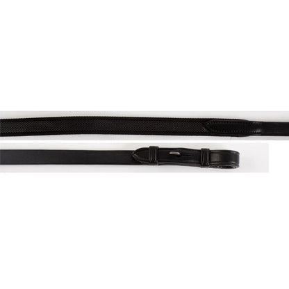 EcoRider Supergrip Reins featuring a black woven rubber and webbing grip with black leather hook stud ends.