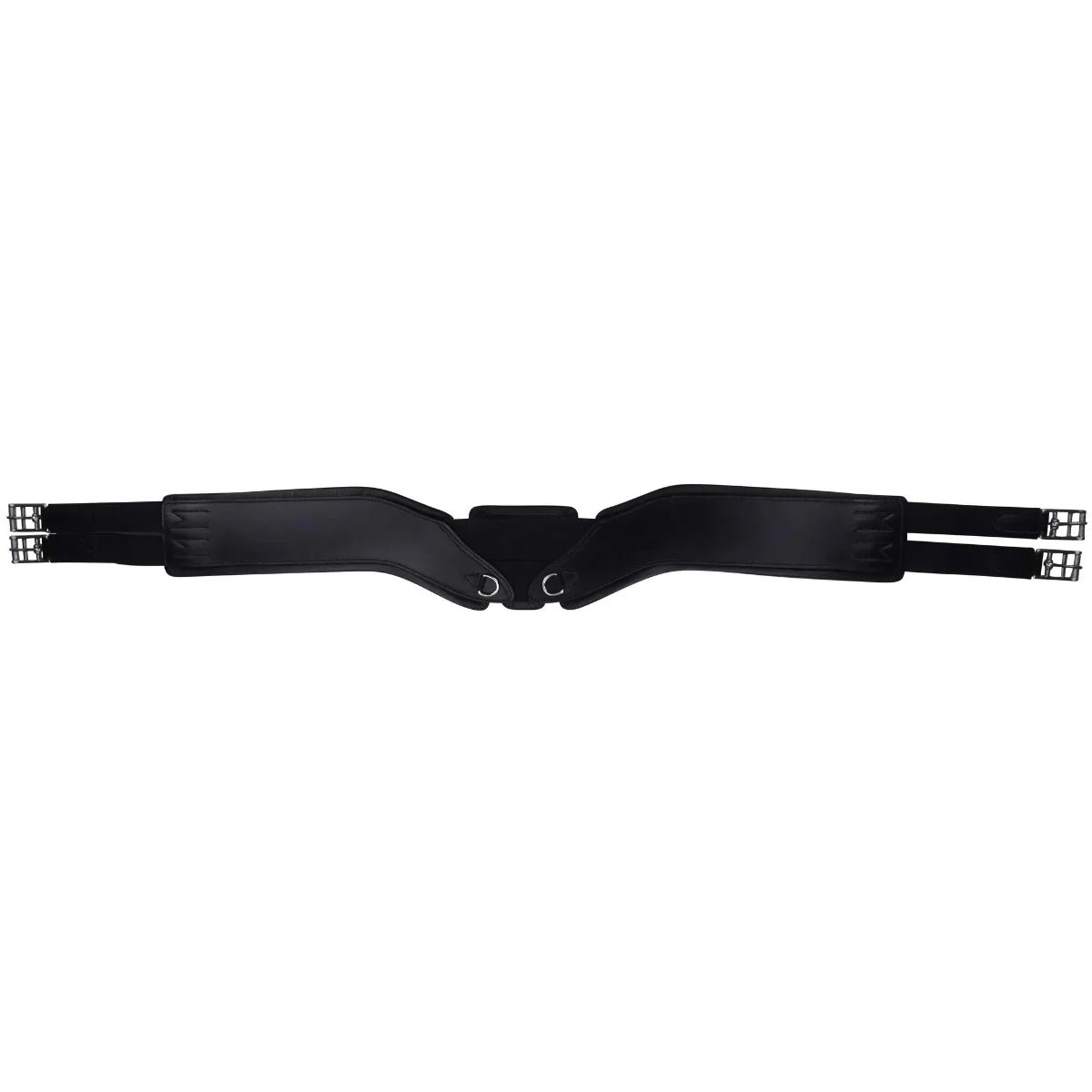 Black EcoRider SeamFree Anatomic Dressage Girth featuring a wide contoured sternum plate, central D-rings, and roller buckles.