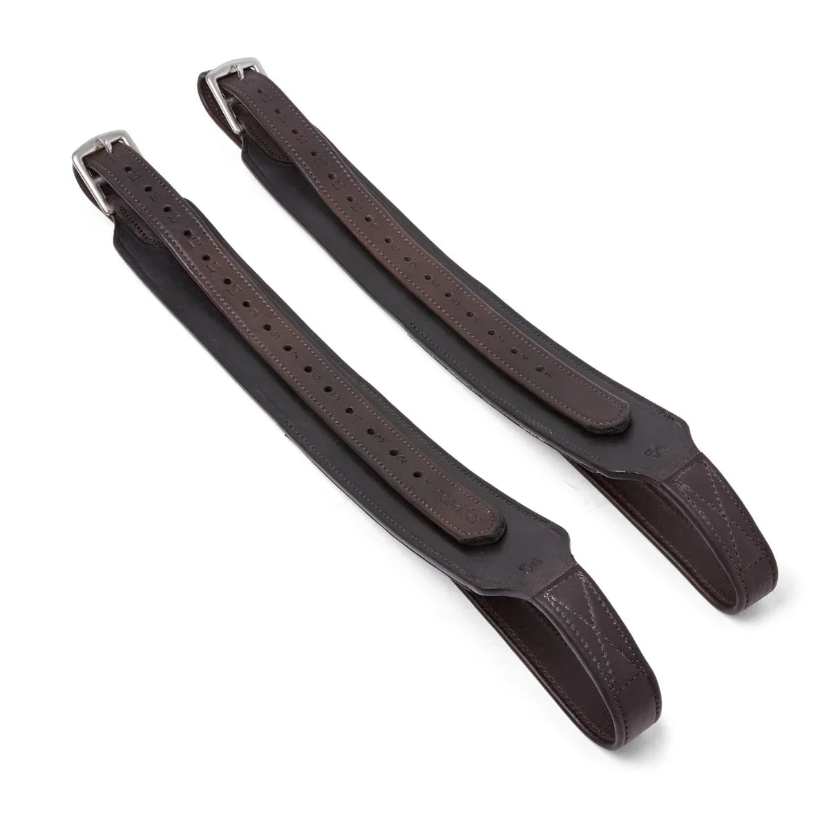 Brown EcoRider Balance Stirrup Leathers featuring a wide-body flat leather design and secure silver buckle adjustments.