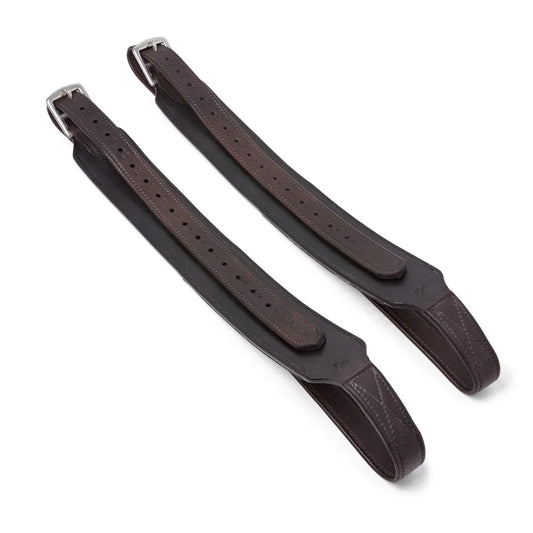 Brown EcoRider Balance Stirrup Leathers featuring a wide-body flat leather design and secure silver buckle adjustments.