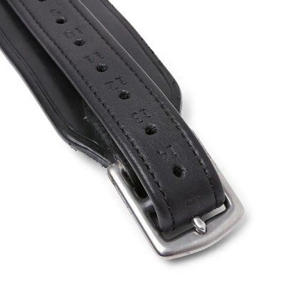 Close-up of the stainless steel buckle and numbered holes on the Black EcoRider Balance Stirrup Leathers.