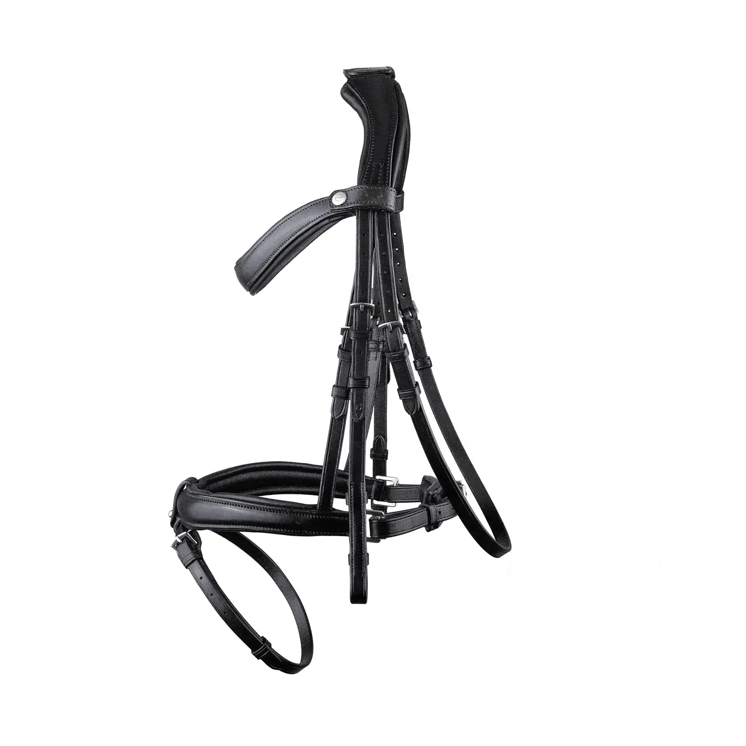 Black EcoRider anatomic leather bridle featuring an ergonomic padded headpiece, curved browband, and padded noseband with flash attachment.