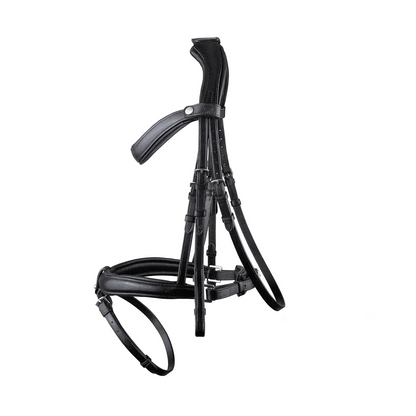 Black EcoRider anatomic leather bridle featuring an ergonomic padded headpiece, curved browband, and padded noseband with flash attachment.