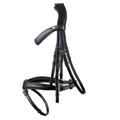 Black EcoRider anatomic leather bridle featuring an ergonomic padded headpiece, curved browband, and padded noseband with flash attachment.