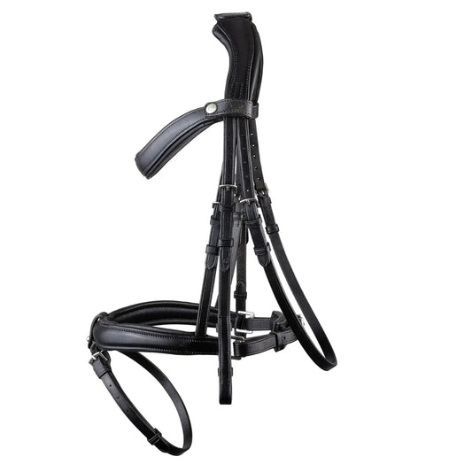 Black EcoRider anatomic leather bridle featuring an ergonomic padded headpiece, curved browband, and padded noseband with flash attachment.