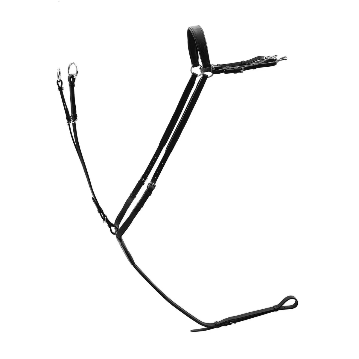 Black EcoRider Leather Running Martingale featuring a padded neck strap, adjustable girth loop, and stainless steel rings.