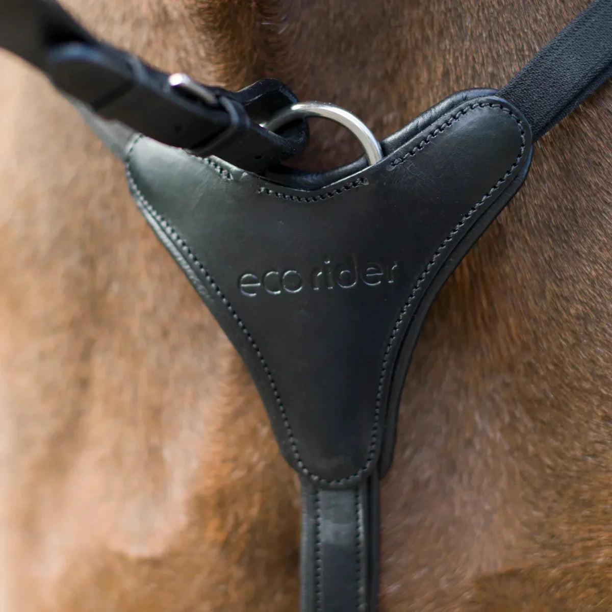 Close-up of the debossed EcoRider logo on the padded chest plate of a black leather breastplate, resting on a horse's chest.