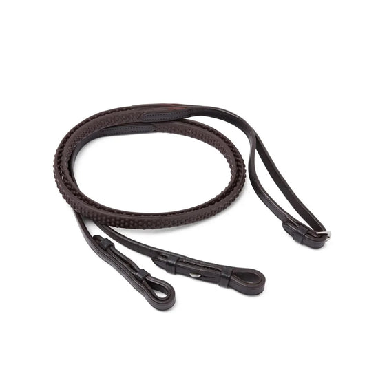 Coiled Brown EcoRider SeamFree Pro Solid Reins featuring a brown chevron rubber pimple grip and supple leather hook stud ends.