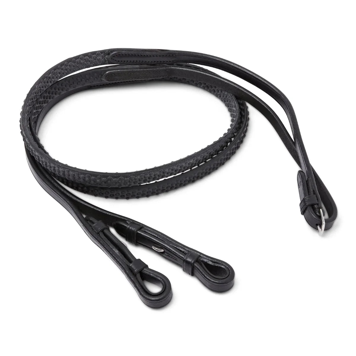 Black EcoRider Pro Solid Reins coiled, featuring a high-traction chevron rubber pimple grip and hook stud leather billets.