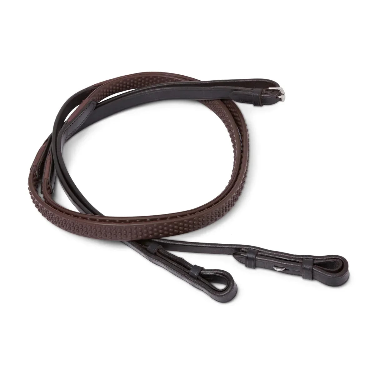 Coiled Brown EcoRider Ultra Comfort Flexi Reins featuring a low-profile pimple rubber grip and supple leather hook stud ends.