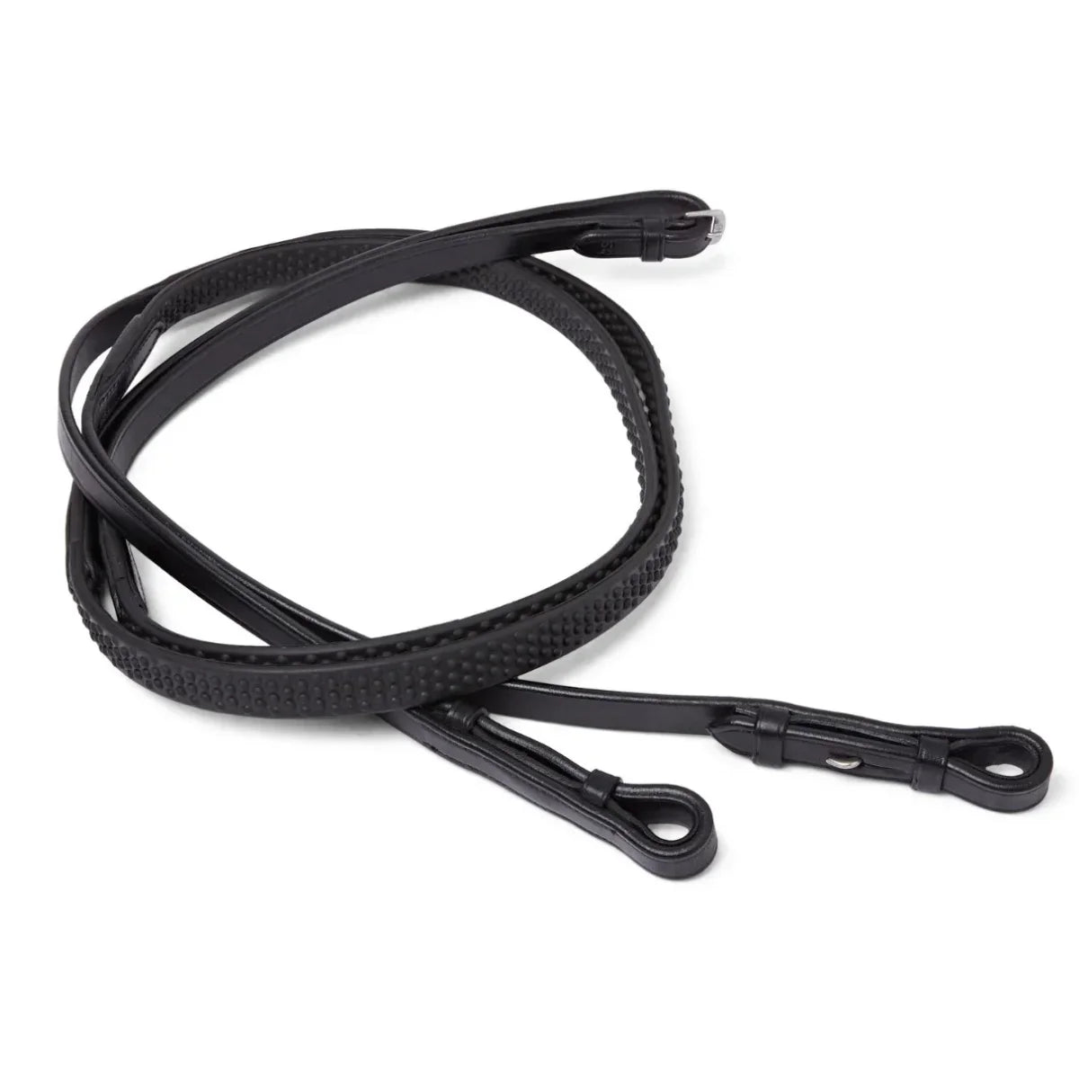 Coiled Black EcoRider Ultra Comfort Flexi Reins featuring a low-profile pimple rubber grip and supple leather hook stud ends.