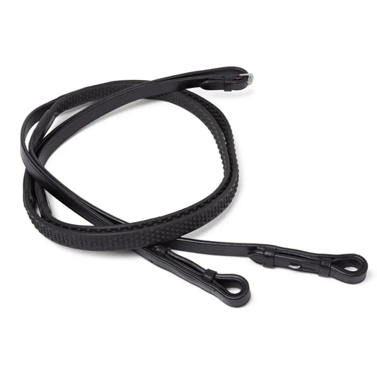 Coiled Black EcoRider Ultra Comfort Flexi Reins featuring a low-profile pimple rubber grip and supple leather hook stud ends.