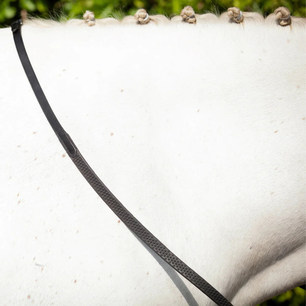 Close-up of a black EcoRider Flexi Rein resting on a grey horse's neck, showcasing the low-profile pimple rubber grip and braided mane.