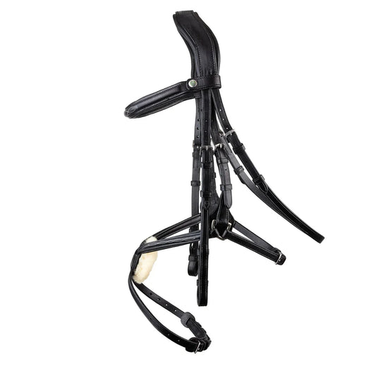 Black EcoRider anatomical grackle bridle with decorative fancy stitching, padded headpiece, and grackle noseband with sheepskin pad.
