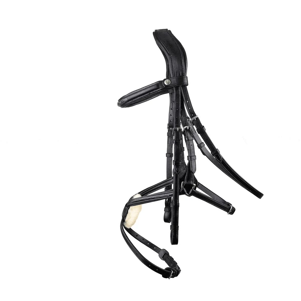 Black EcoRider anatomical grackle bridle with decorative fancy stitching, padded headpiece, and grackle noseband with sheepskin pad.