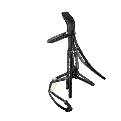 Black EcoRider anatomical grackle bridle with decorative fancy stitching, padded headpiece, and grackle noseband with sheepskin pad.