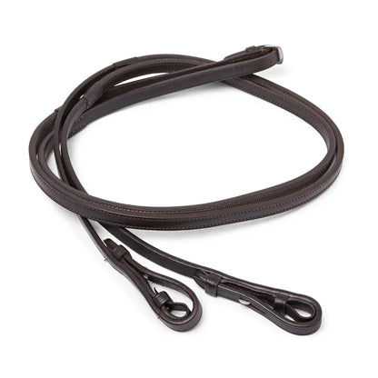 Coiled Brown EcoRider Ultra Comfort Flexi Reins featuring a low-profile pimple rubber grip and supple leather hook stud ends.