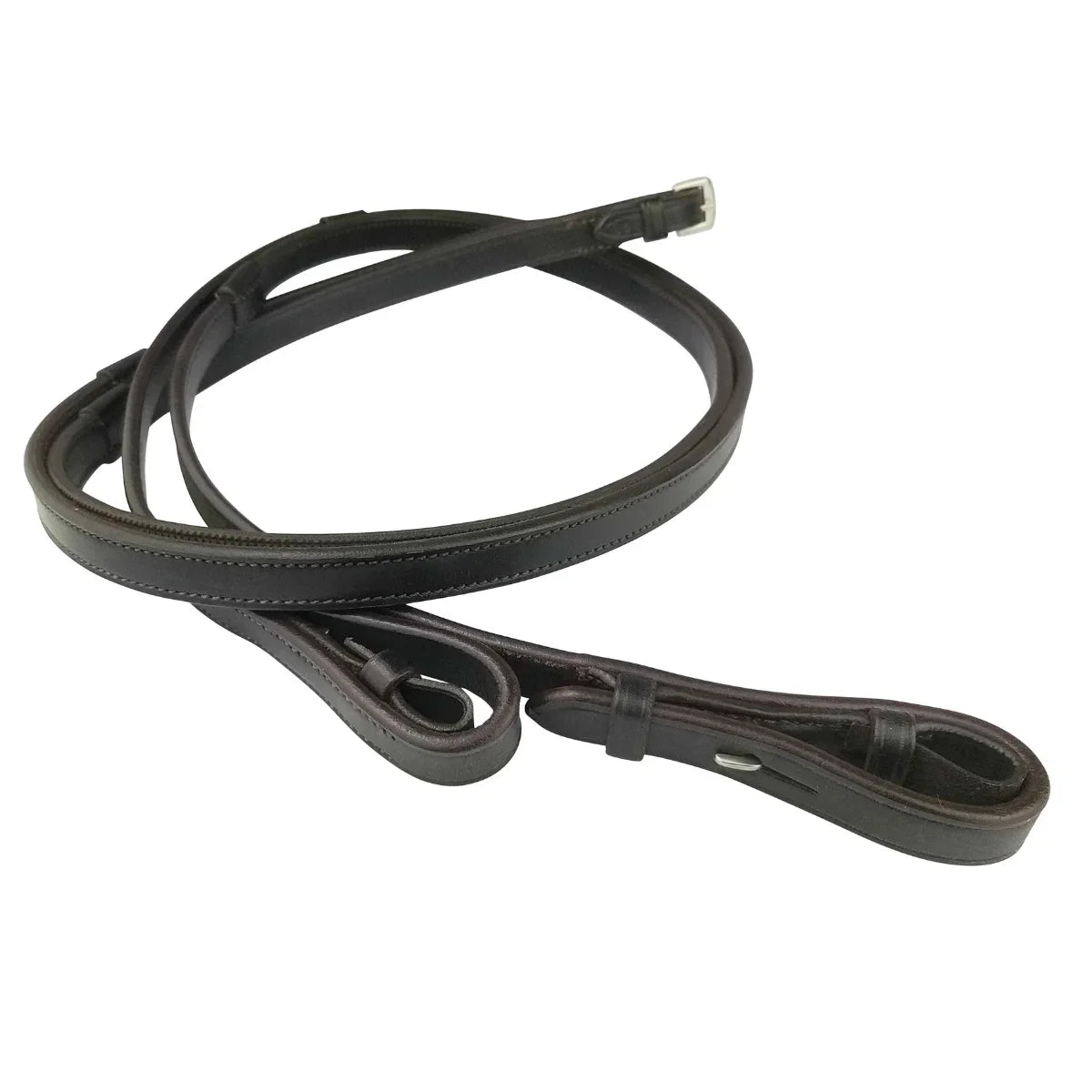 Coiled Brown EcoRider Inside Grip Reins featuring a hidden inner rubber lining and supple plain leather exterior.