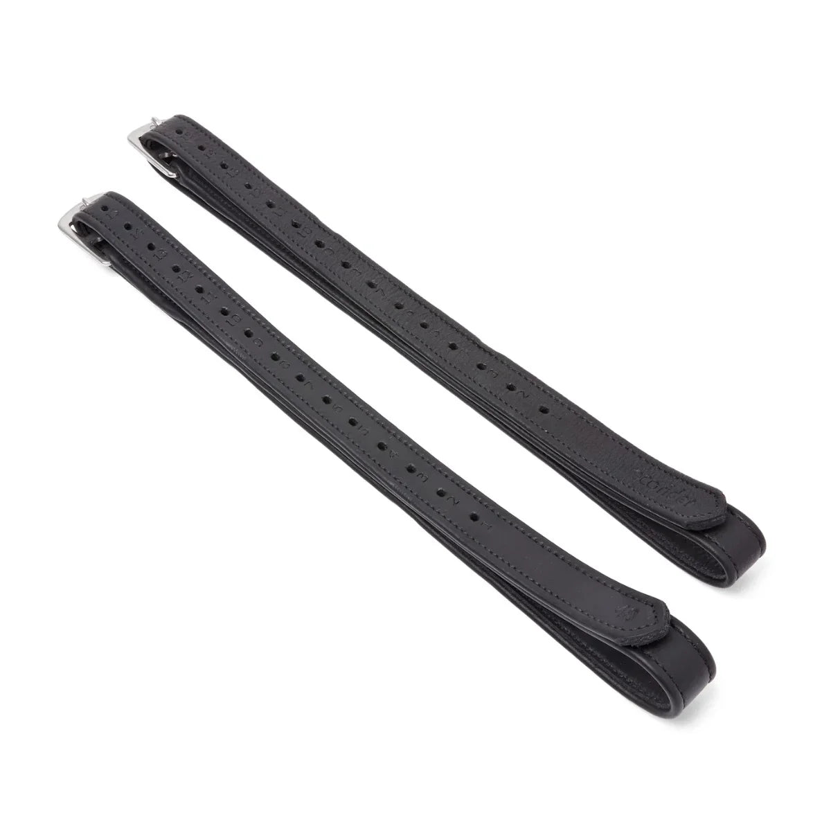 Black EcoRider EcoSoft Stirrup Leathers, size 48", featuring a debossed brand logo, size stamp, and silver buckles.