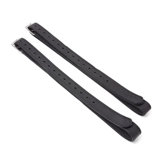 Black EcoRider EcoSoft Stirrup Leathers, size 48", featuring a debossed brand logo, size stamp, and silver buckles.