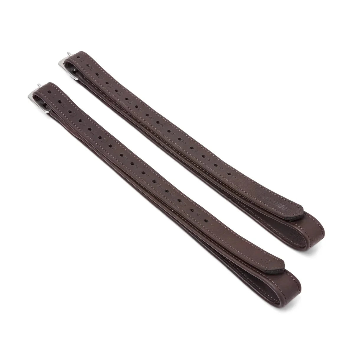 Brown EcoRider EcoSoft Stirrup Leathers, size 48", featuring a debossed brand logo, size stamp, and silver buckles.